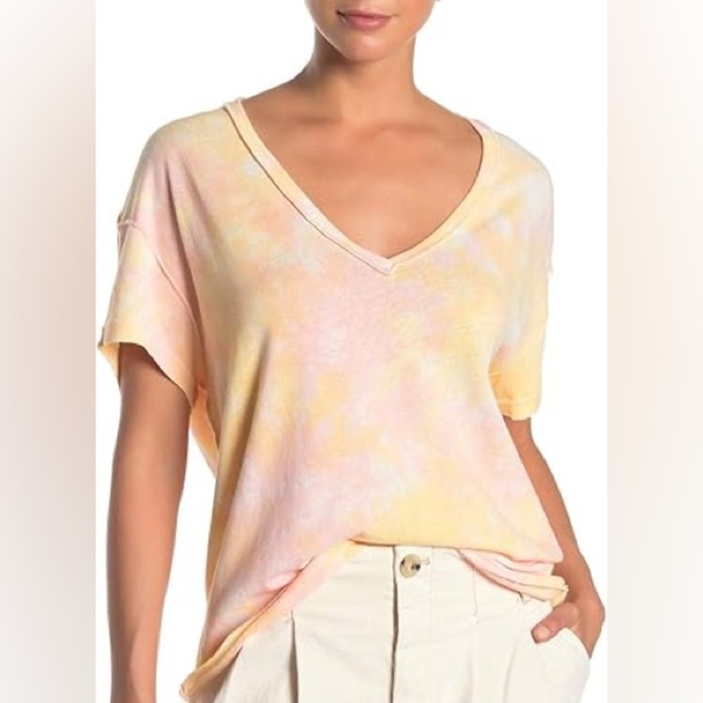 Free people tie dye yellow / pink / white top with open back